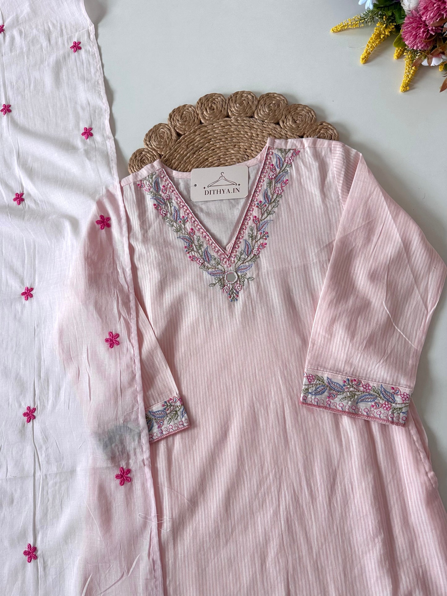 K027 - Mul cotton embroidered straight kurti with pants and dupatta