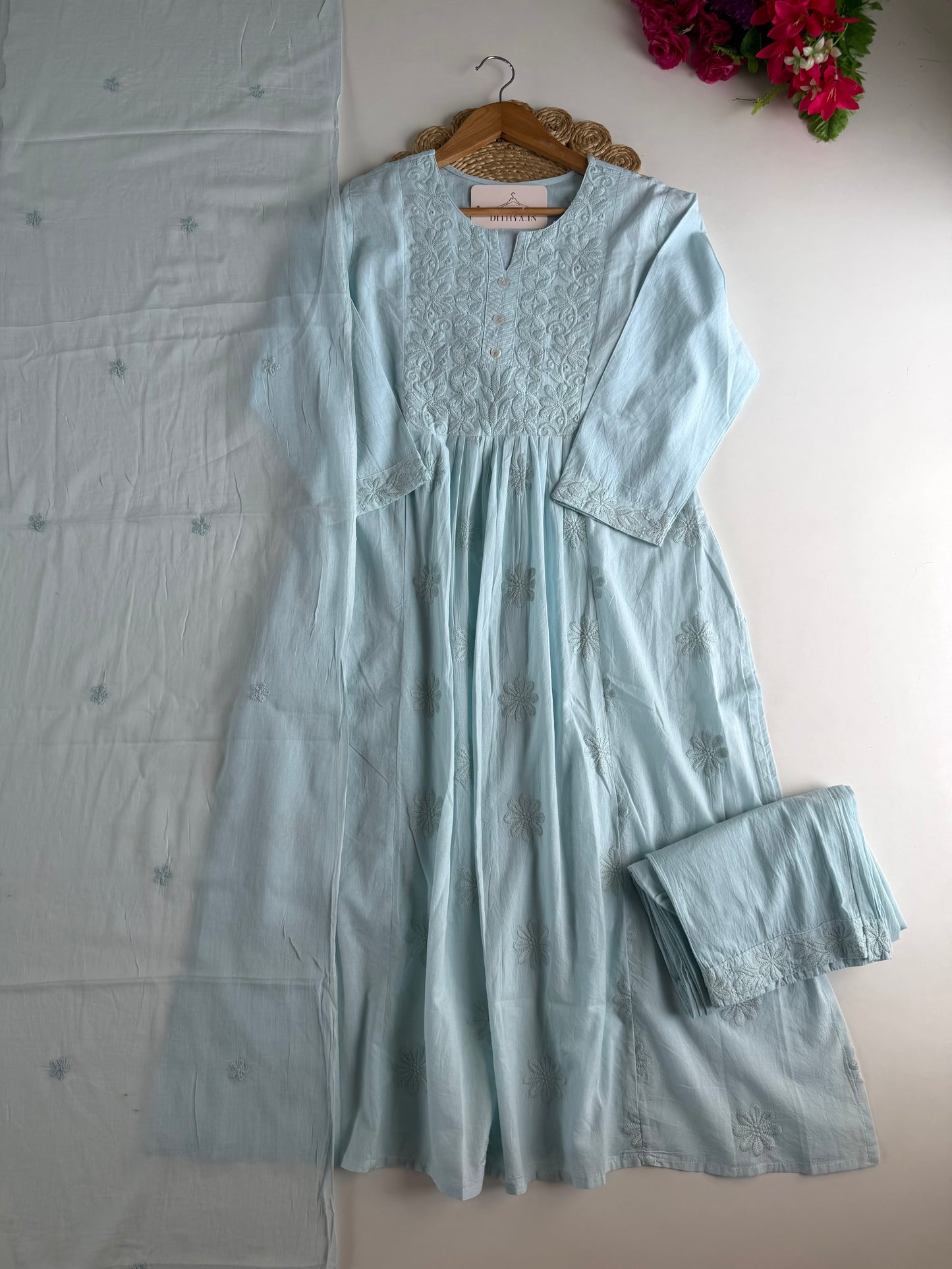 K525 - Mul cotton embroidered Anarkali with pants and dupatta