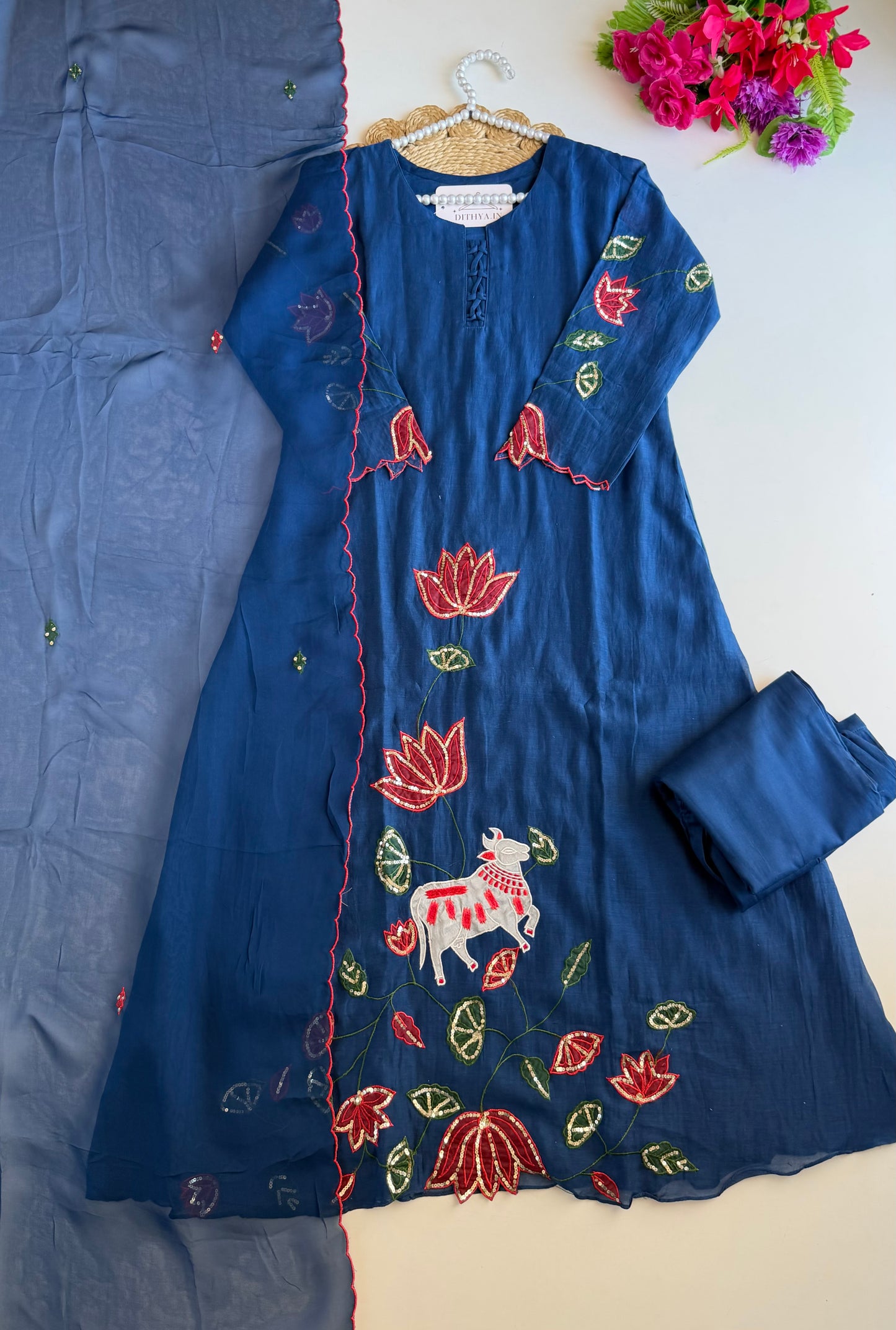 K193 - Mul chanderi handwork aline Kurti with pants and dupatta