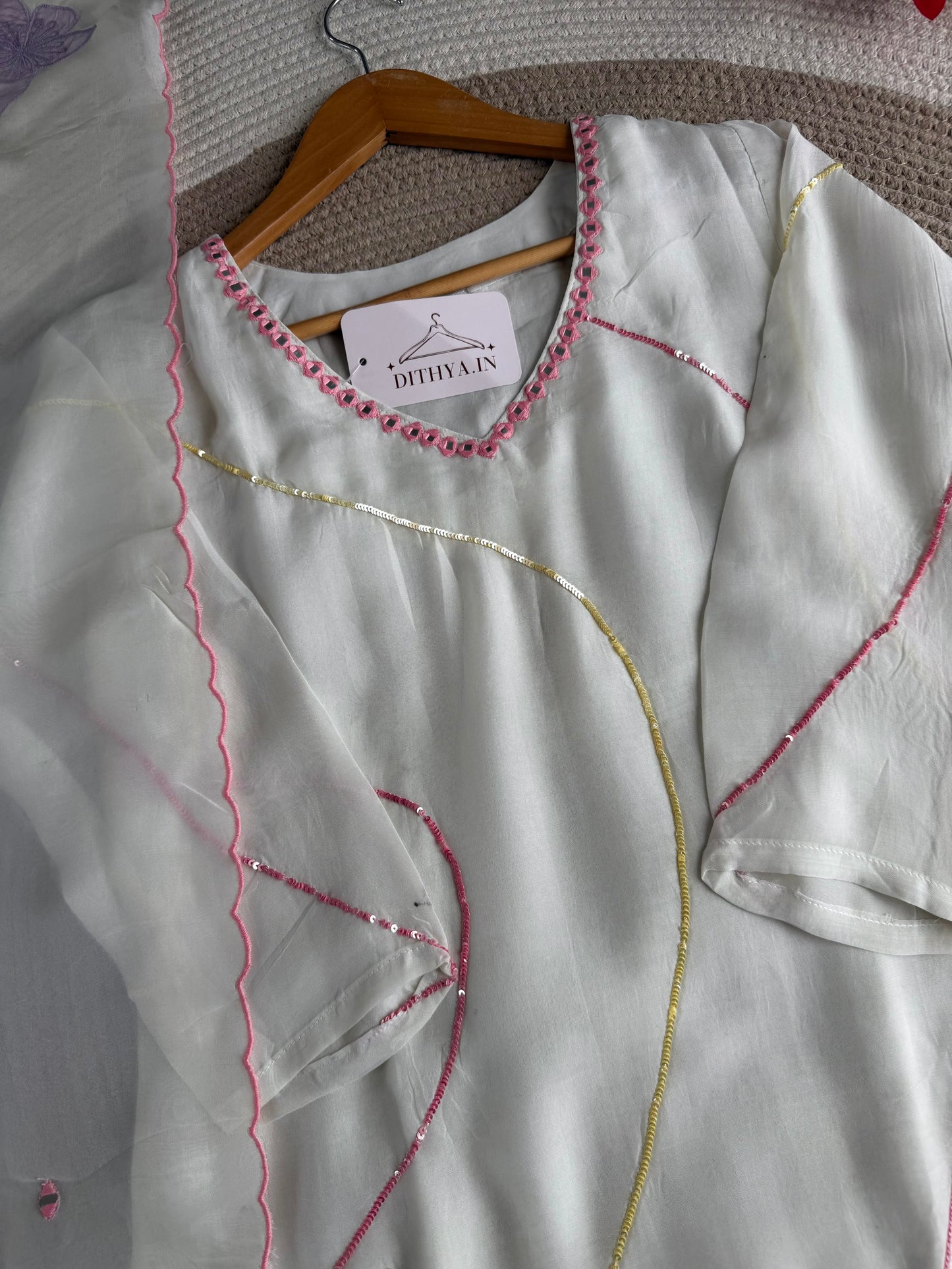 K341 - Viscose organza handwork straight Kurti with pants and dupatta