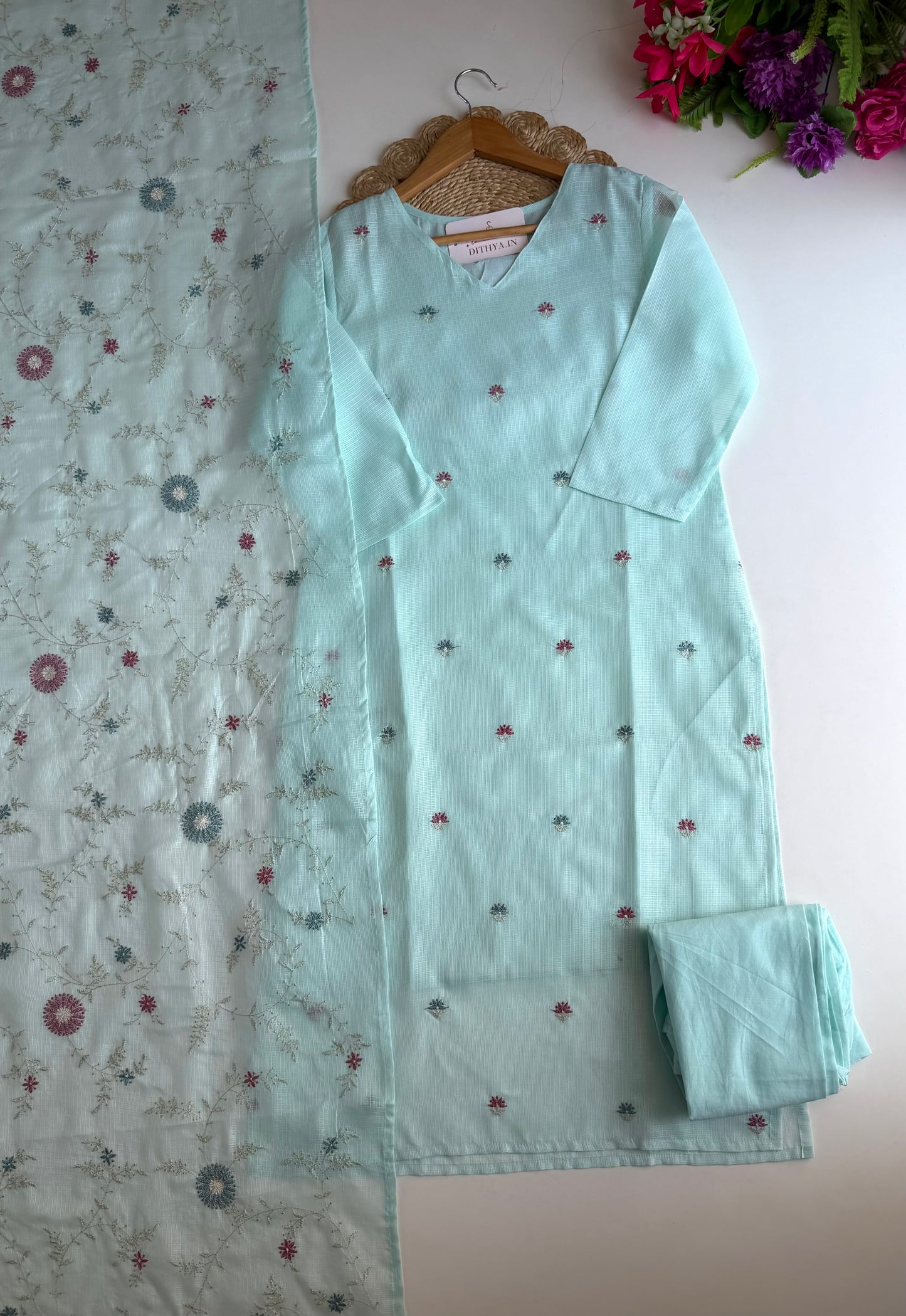 K028 - Kota doriya embroidered straight Kurti with pants and dupatta