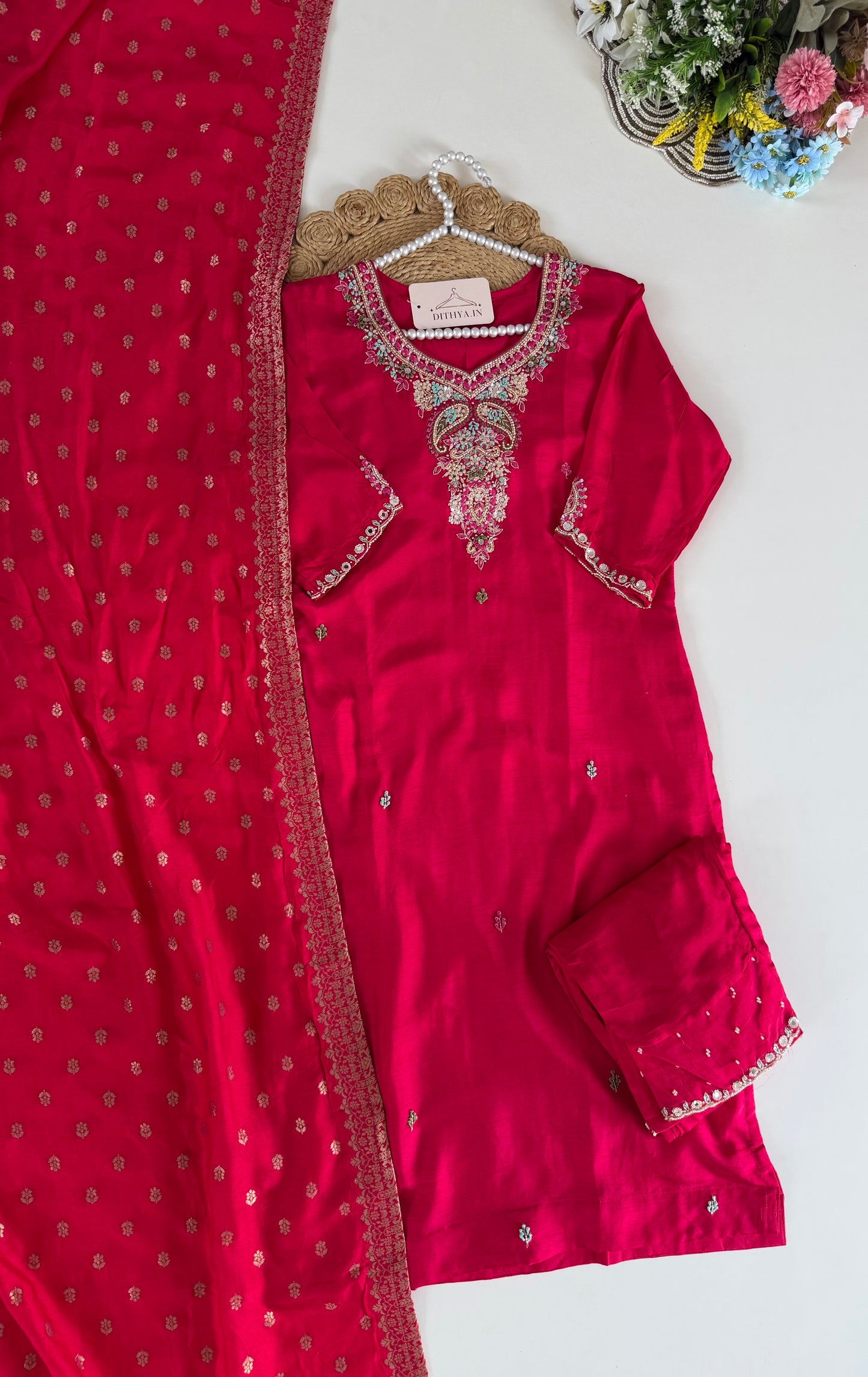 K643 - Dola silk Handwork straight Kurti with pants and dupatta