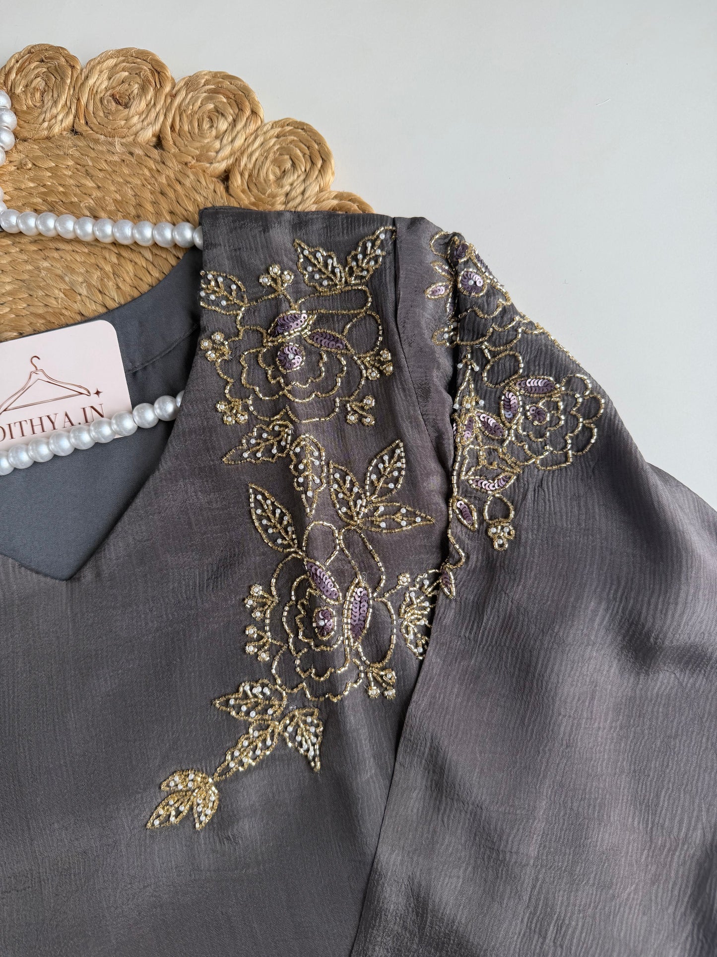 K114 - Pure Chinnon handwork aline Kurti with pants and dupatta