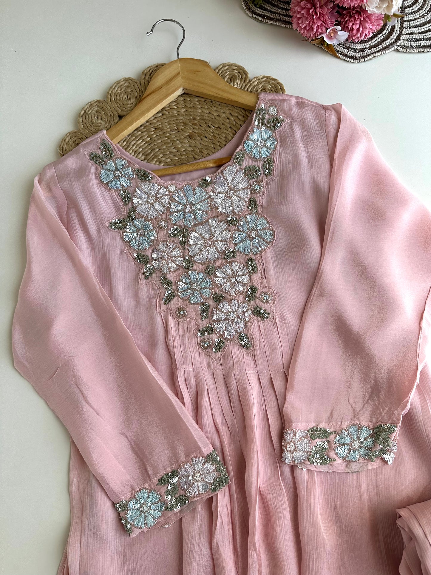 K227 - Chinnon handwork Aline Kurti with pants in 2 colours