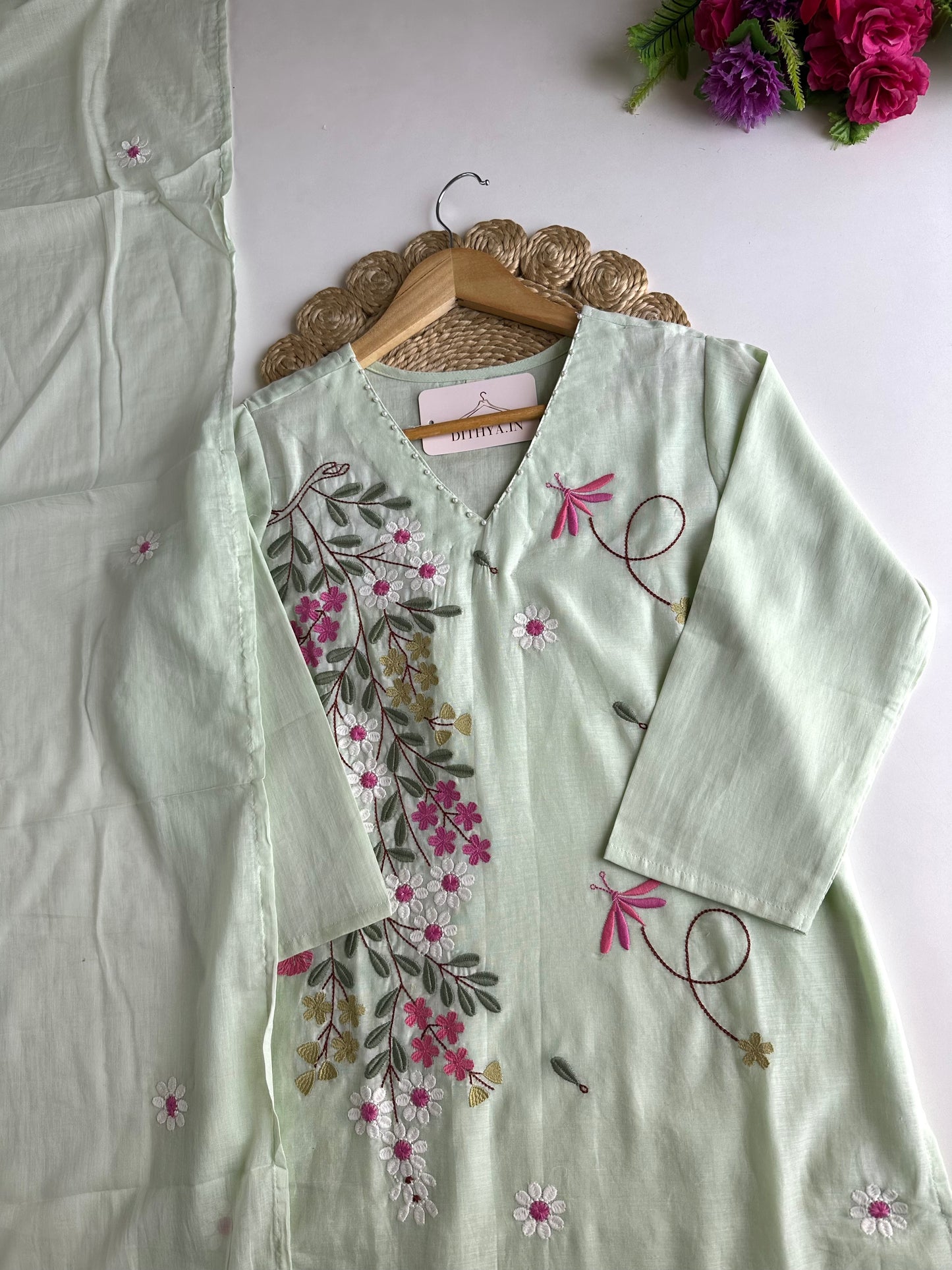 K183 - Mul cotton embroidered straight Kurti with pants and dupatta