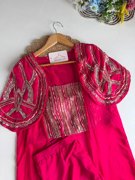 K652 - Pure crape handwork crop top with jacket and divider pants