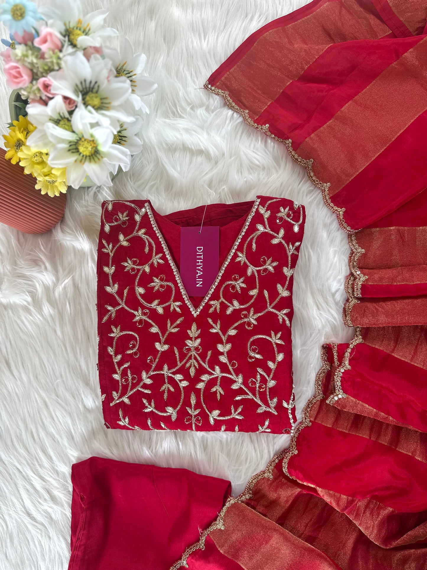 K419 - Russian silk handwork Aline Kurti with pants and dupatta