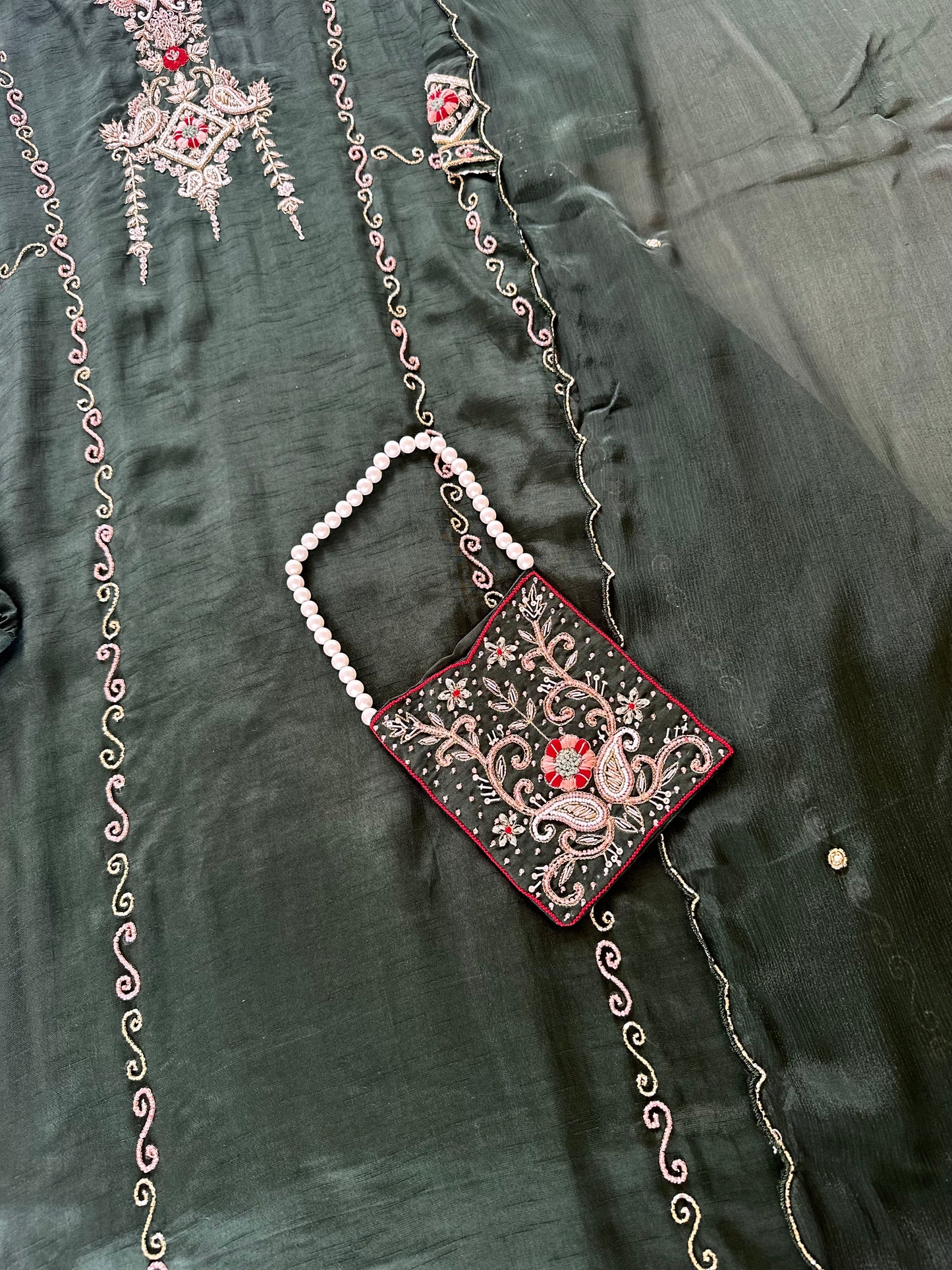 K311 - Russian silk handwork Aline Kurti with pants, dupatta and potli bag .