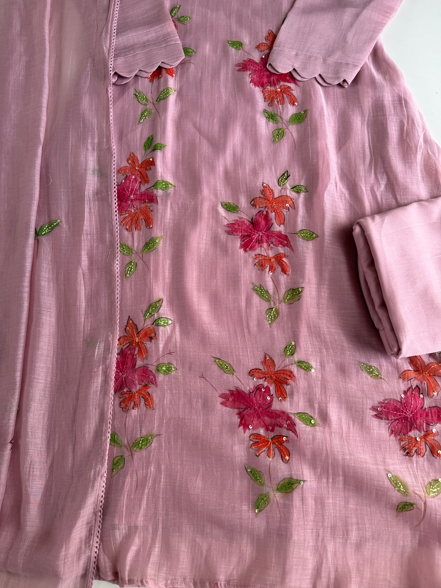 K355 - Mul Chanderi hand painted embroidered Aline Kurti with pants and dupatta in 3 colours