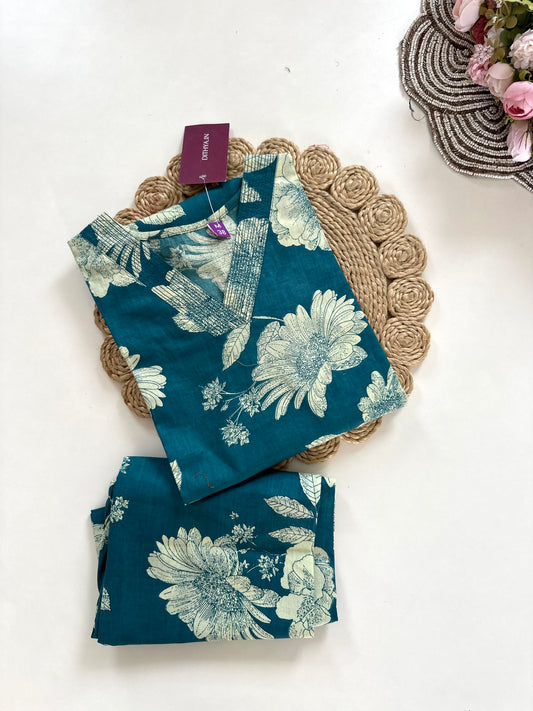 K227 - Cotton floral Aline Kurti with pants in 3 colours