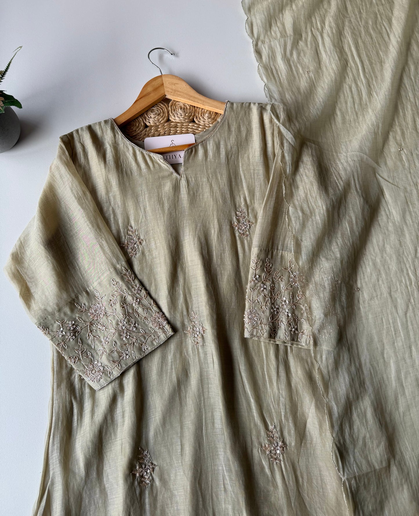 K183 - Mul chanderi handwork aline Kurti with pants and dupatta