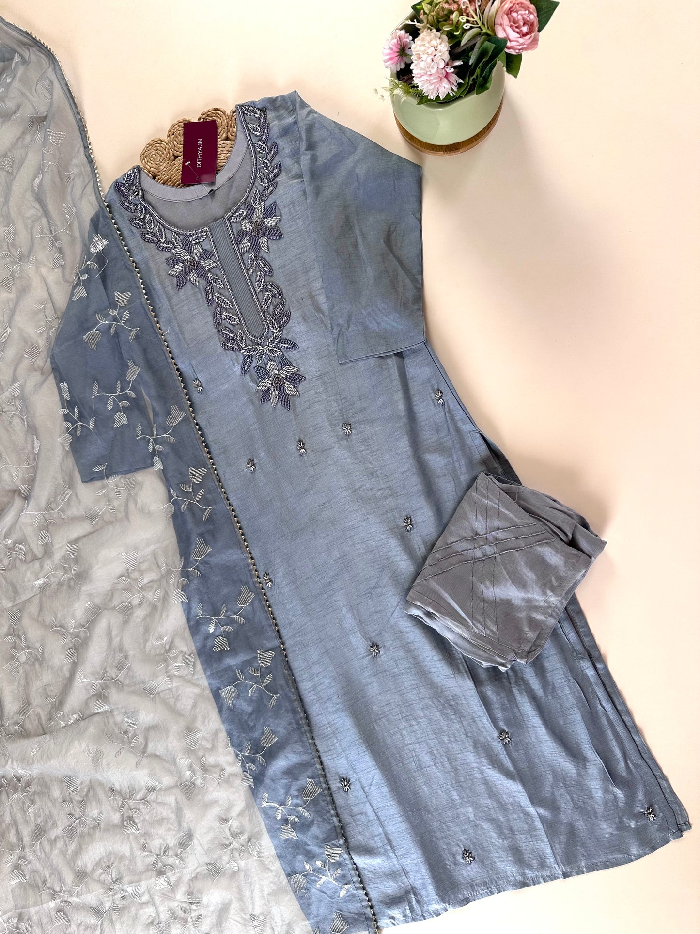 K189 - Roman silk Pearl work straight kurti with pants and organza dupatta in 2 colours .