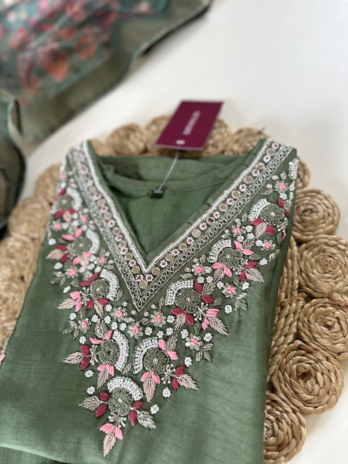 K131 - Russian silk Handwork straight kurti with pants and floral organza dupatta .