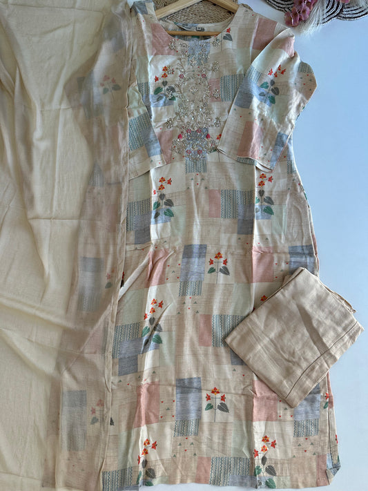 D375 - Muslin silk straight kurti with pants and dupatta