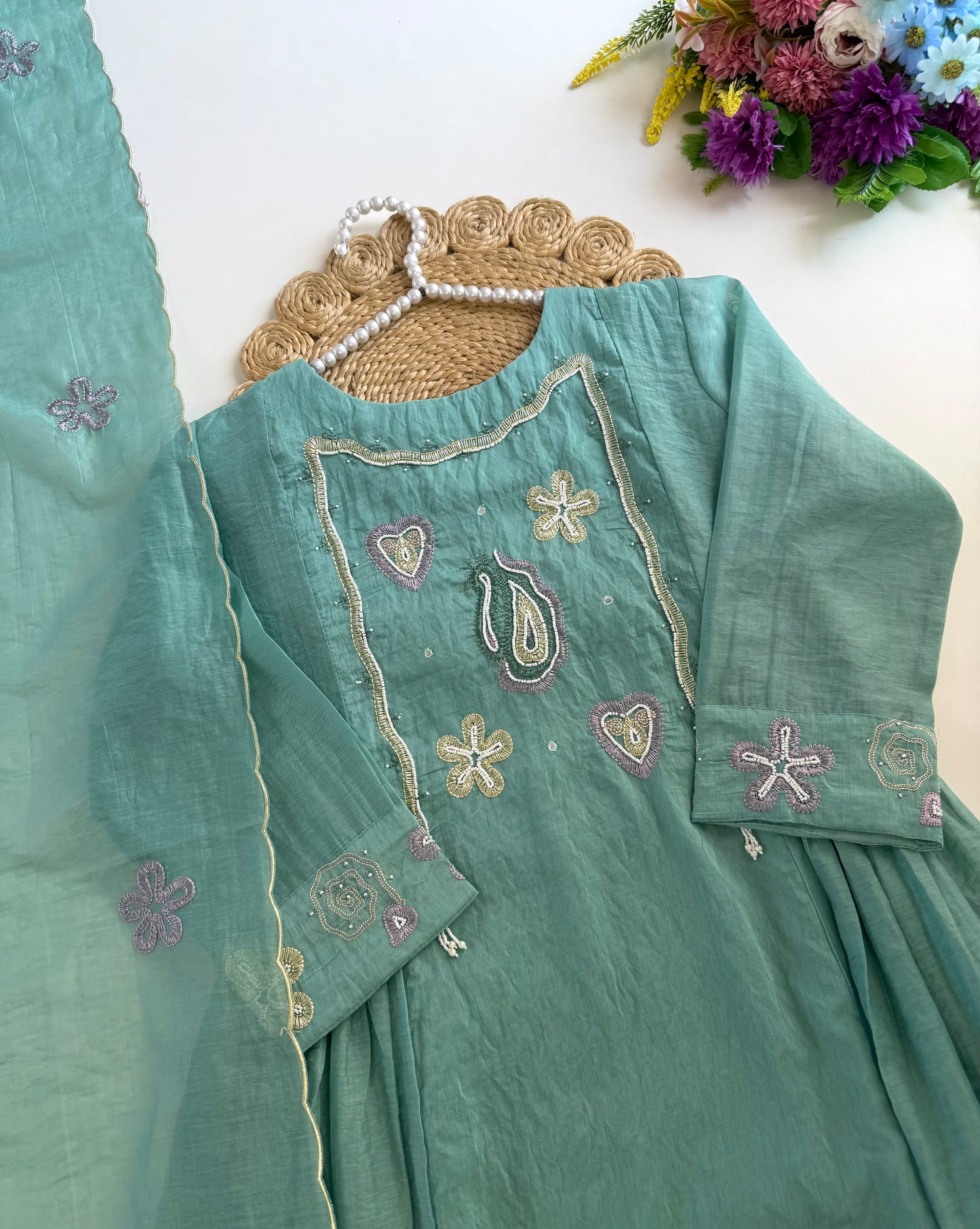 K555 - Crush Mul chanderi handwork Anarkali with pants and dupatta