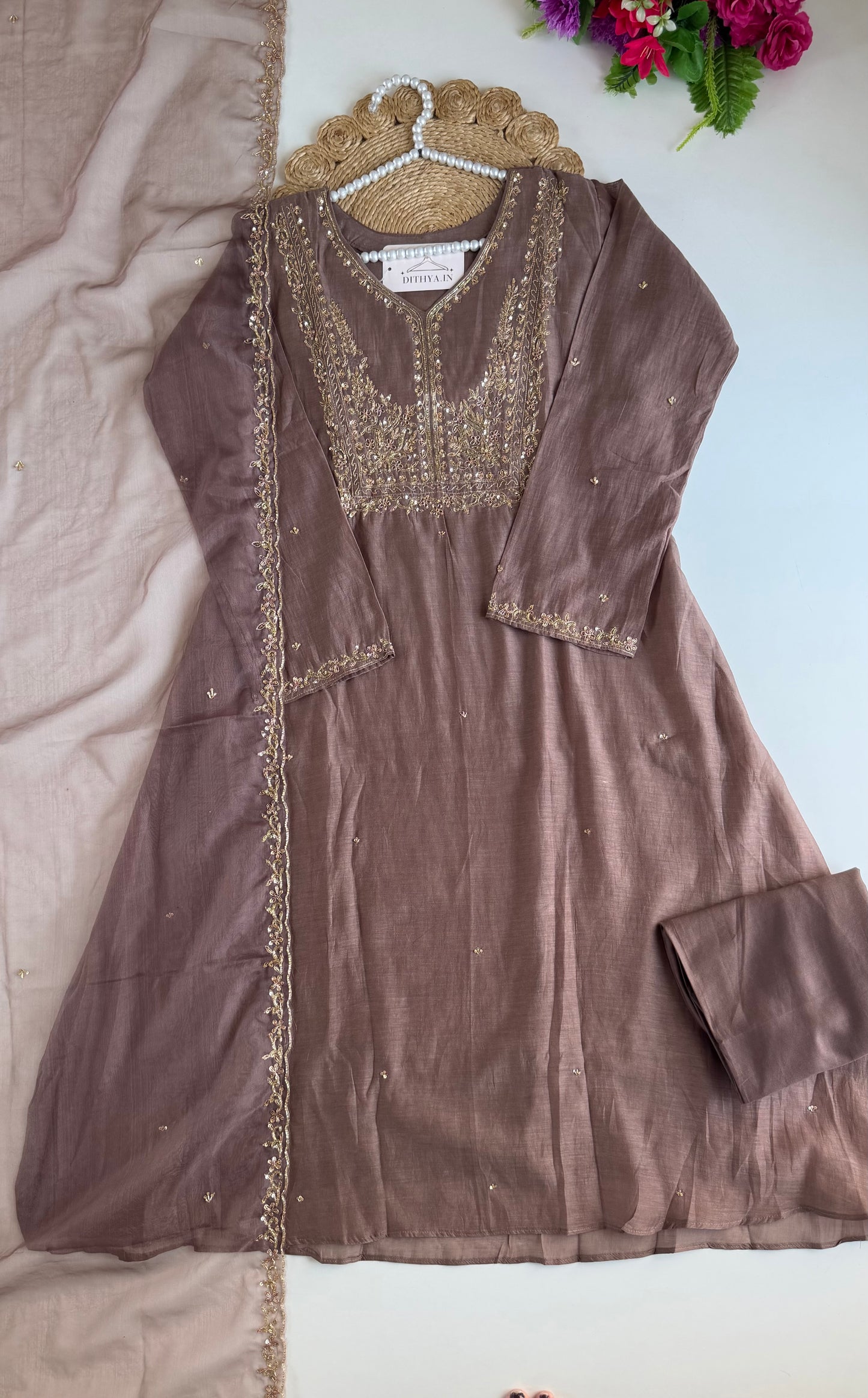 K120 - Mul chanderi handwork Aline Kurti with pants and dupatta