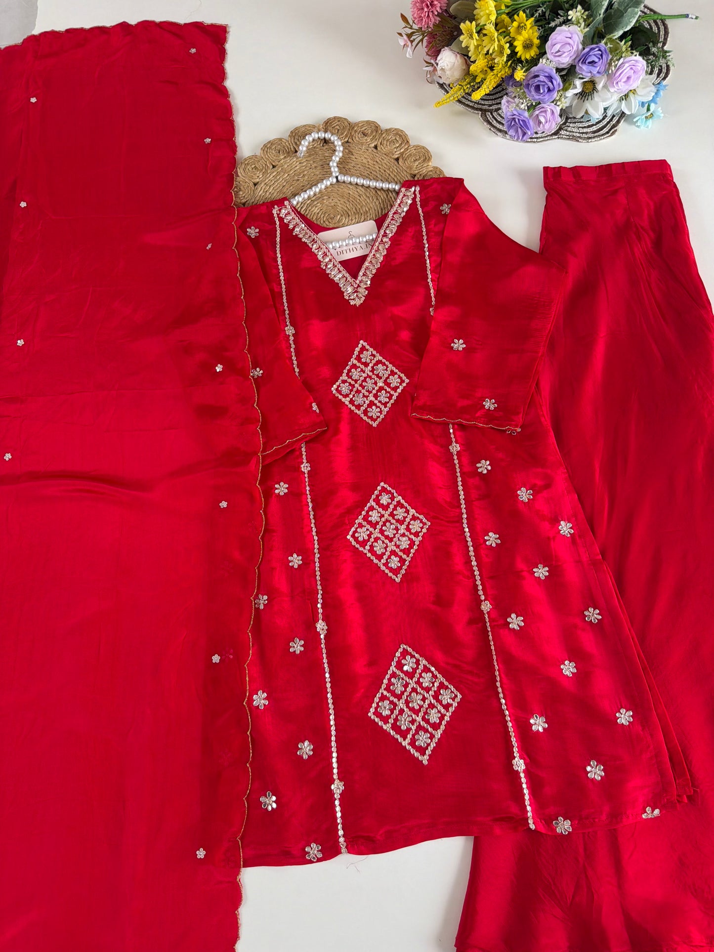 K375 - Pure crape gota work short Kurti with divider pants and dupatta