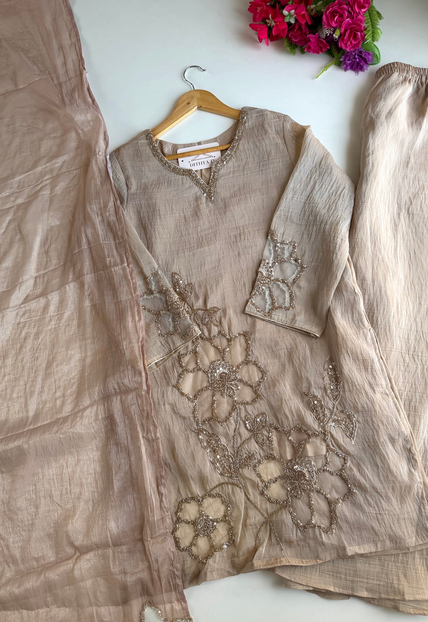 K344 - Tissue silk handwork short Kurti with divider pants and dupatta