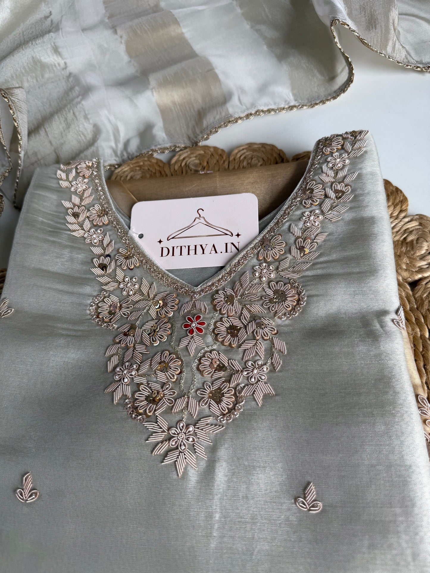 K570 - Tissue silk handwork short Kurti with divider pants and dupatta