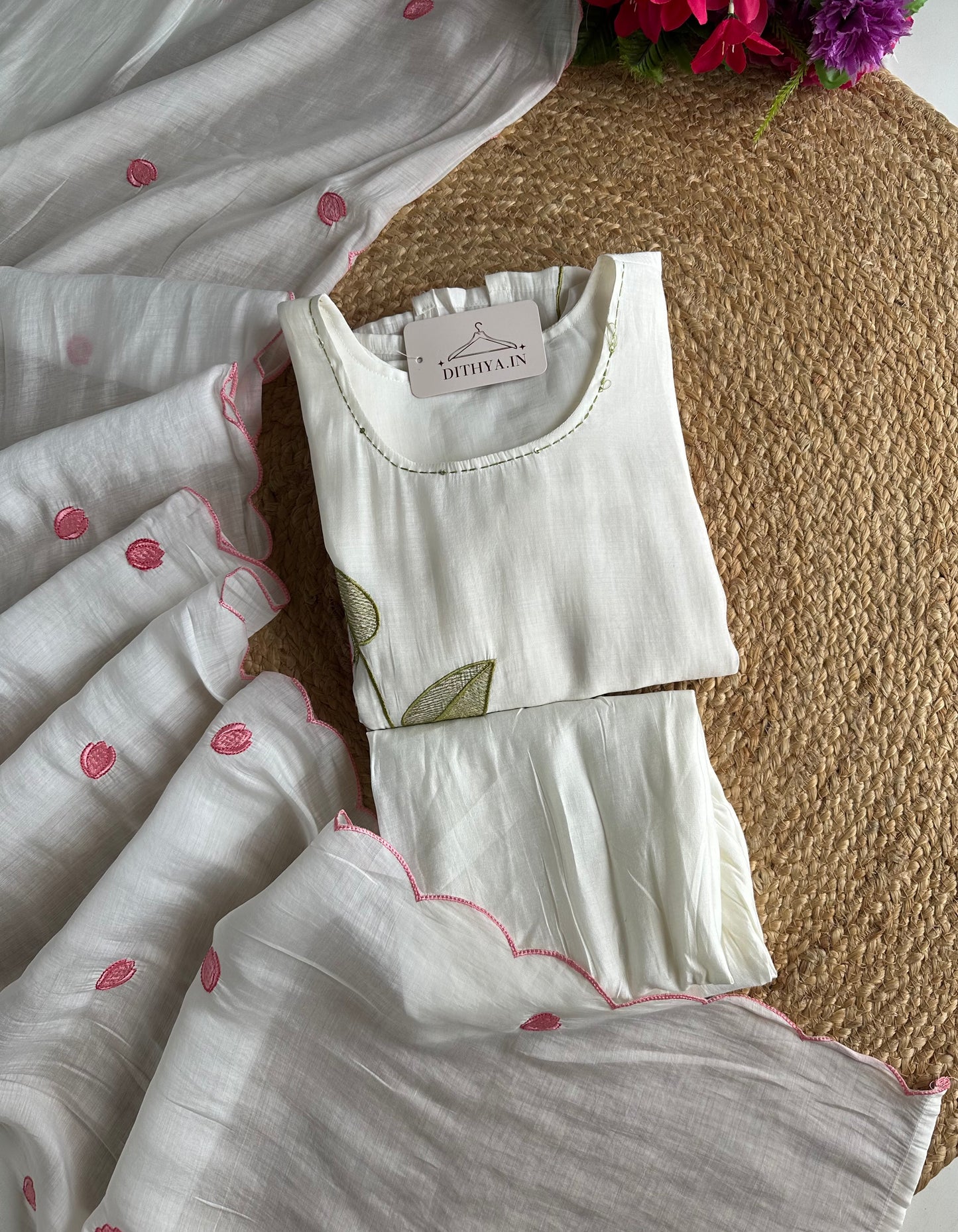 K160 - Muslin embroidered straight Kurti with pants and dupatta