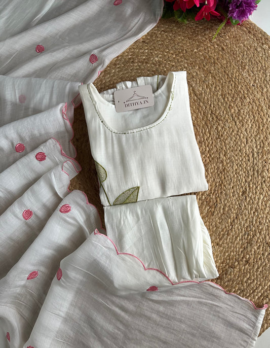 K160 - Muslin embroidered straight Kurti with pants and dupatta