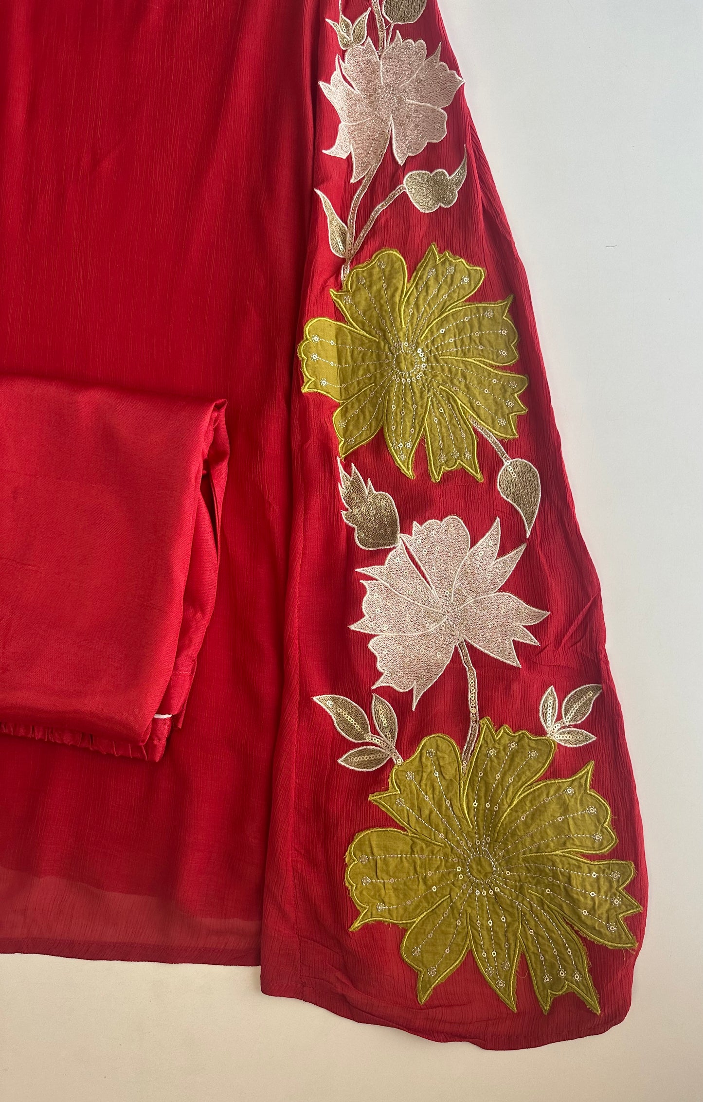 K468 - Crushed Mul Chanderi Appliqué work Anarkali with pants and dupatta in 2 colours