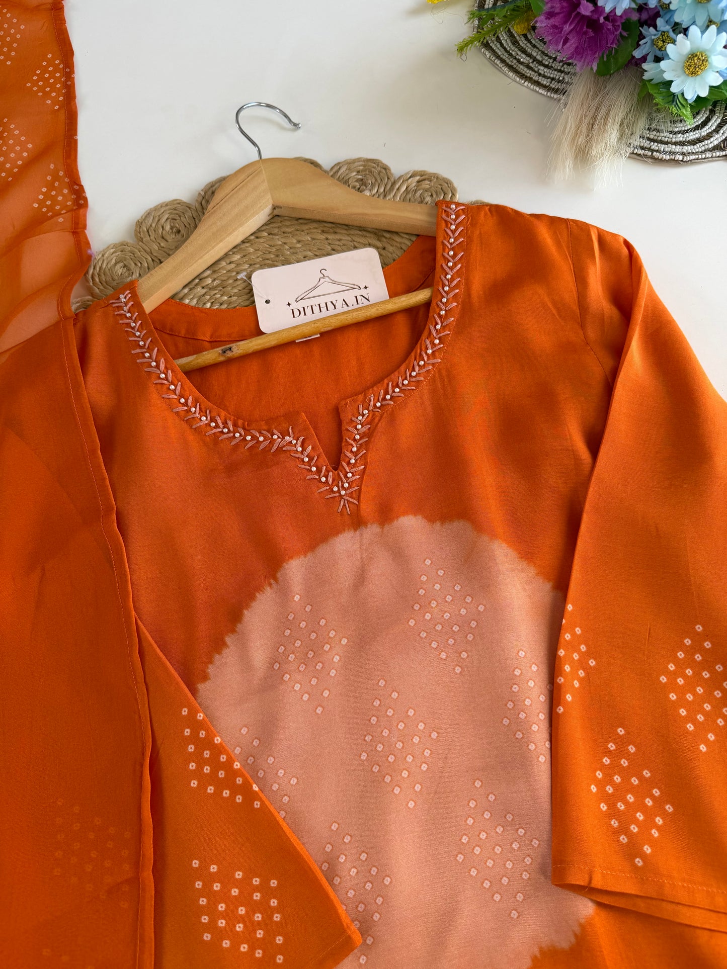 K599 - Muslin bandhini Aline Kurti with pants and dupatta