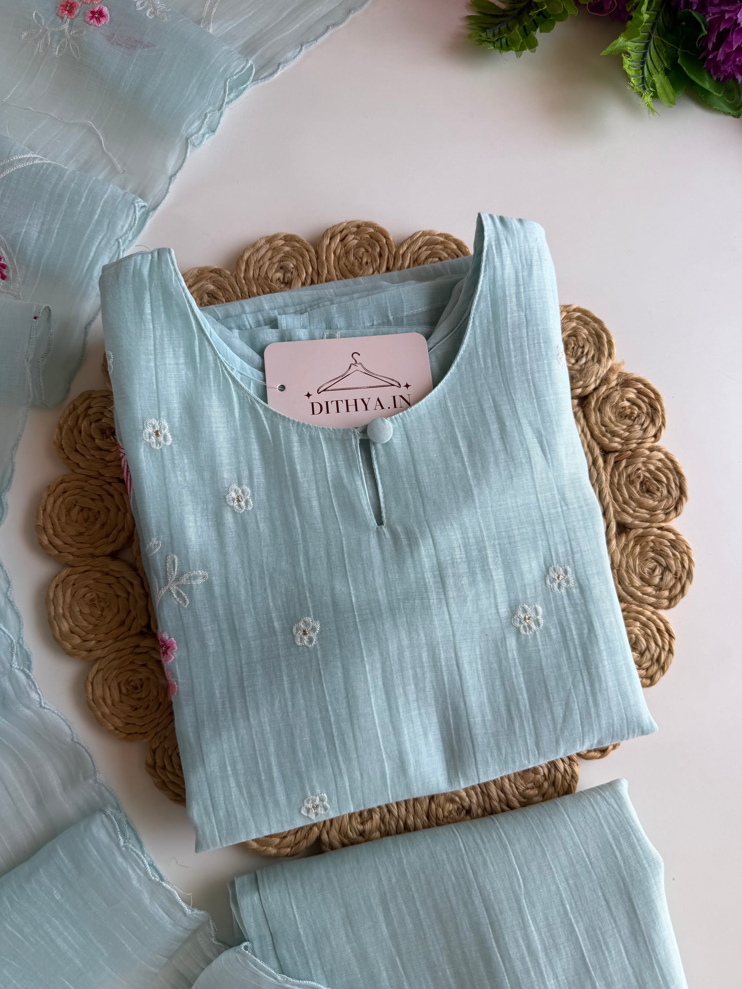 K275 - Mul chanderi embroidered straight Kurti with pants and dupatta