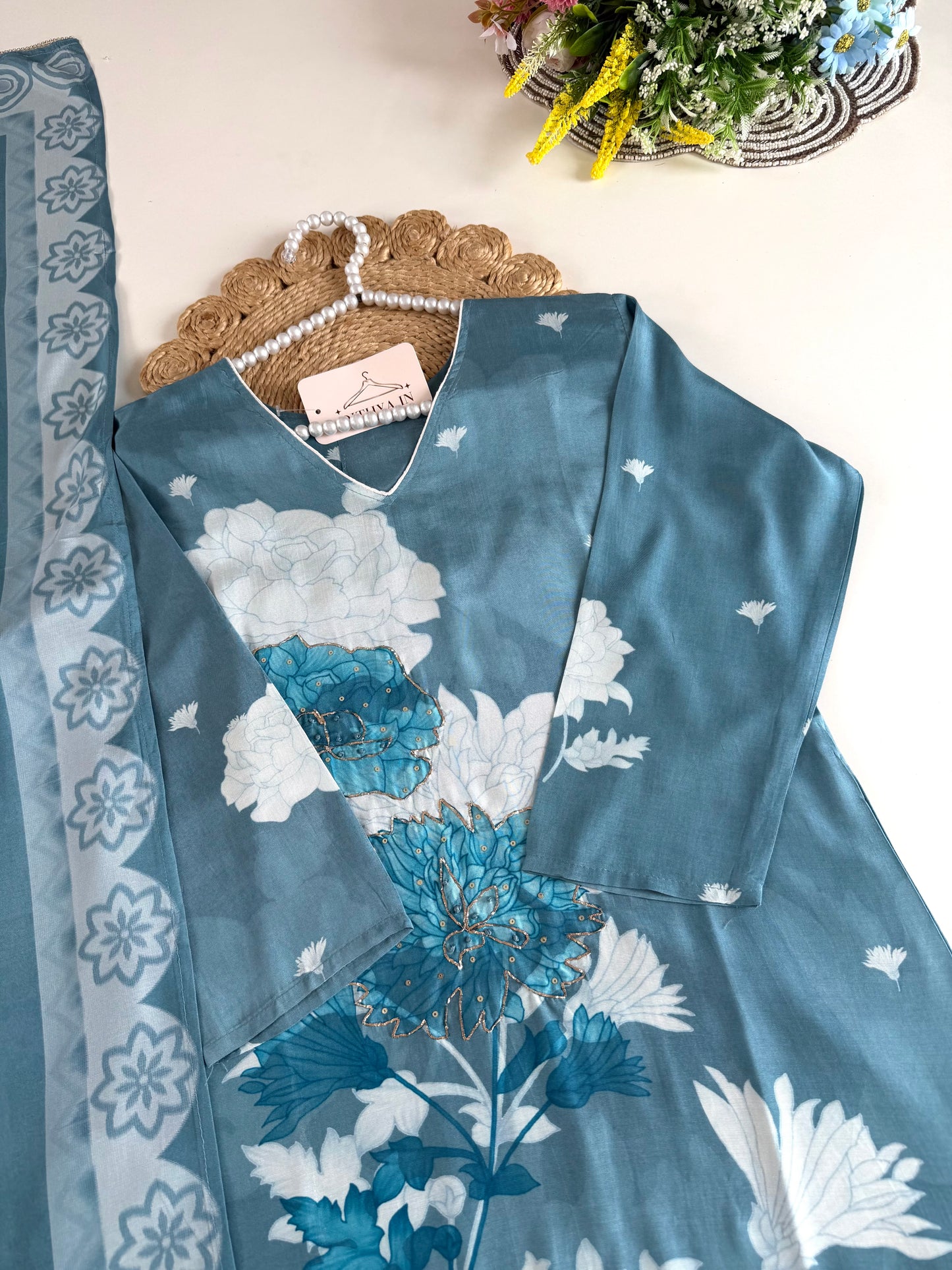 K664 - Muslin printed straight Kurti with pants and dupatta