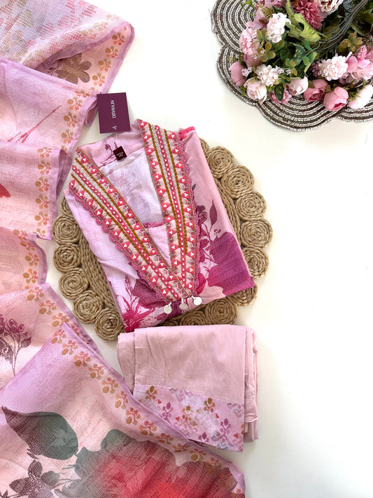 K005 - Mul cotton floral Aline Kurti with pants and dupatta