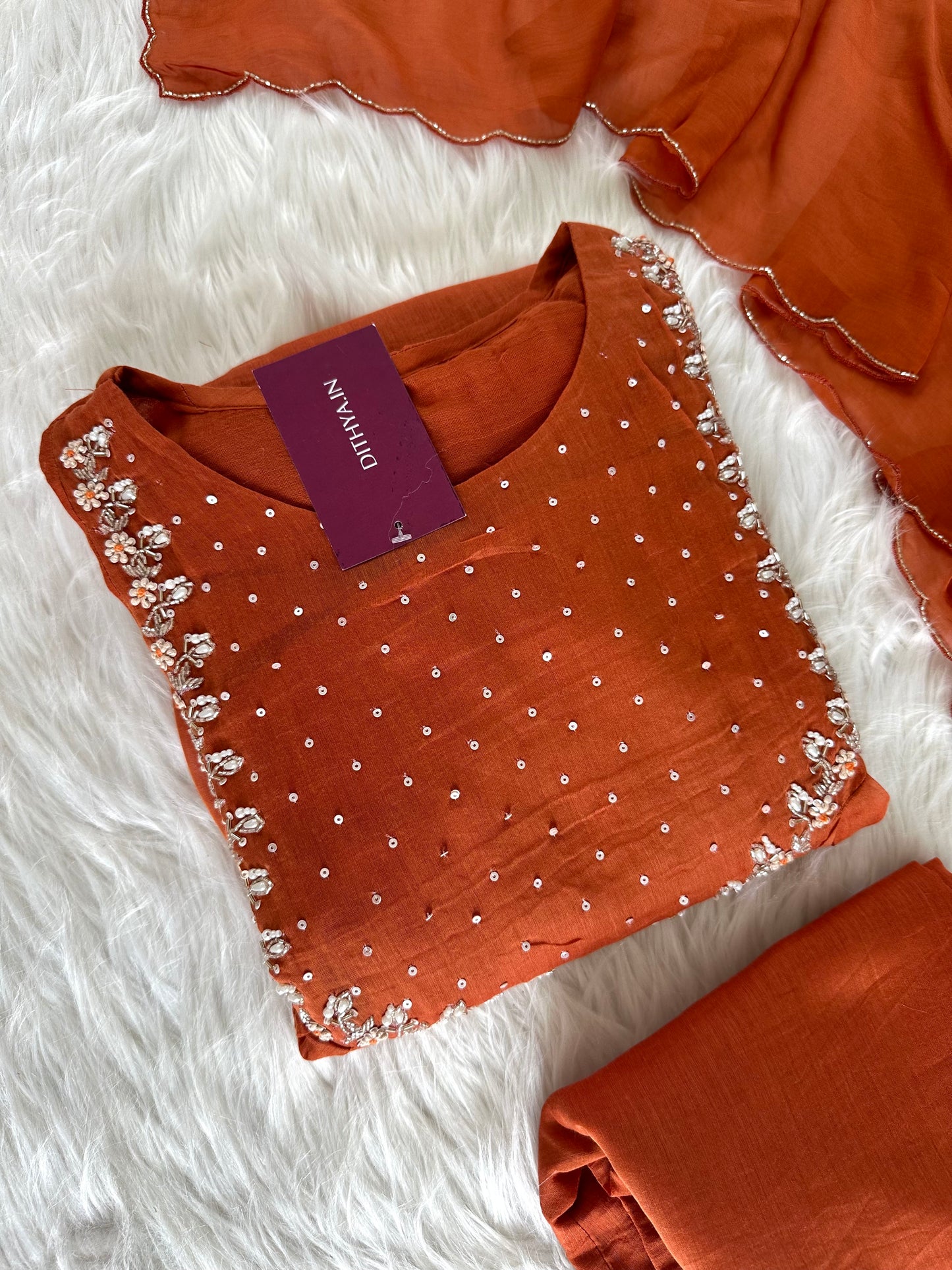 K087 - Mul Chanderi handwork Aline Kurti with pants and dupatta in 3 colours