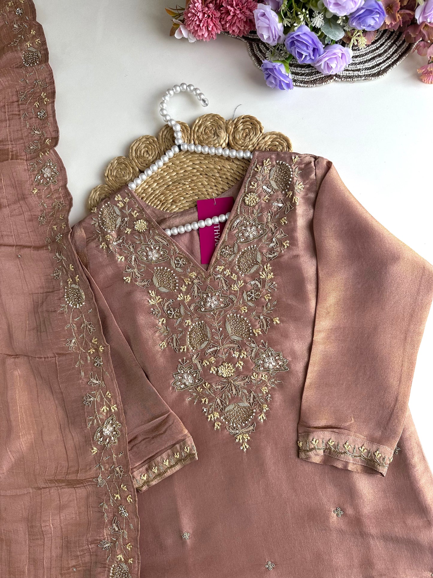 K060 - Tissue silk handwork straight kurti with pants and crushed dupatta