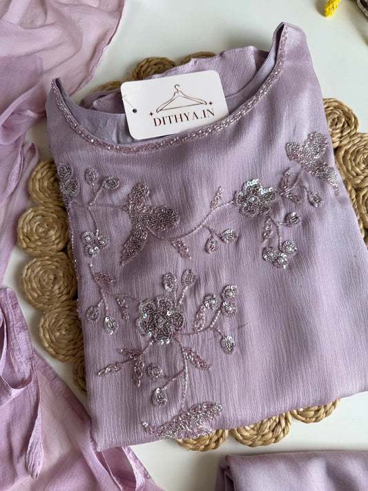 K456 - Pure Chinnon handwork aline Kurti with pants and dupatta
