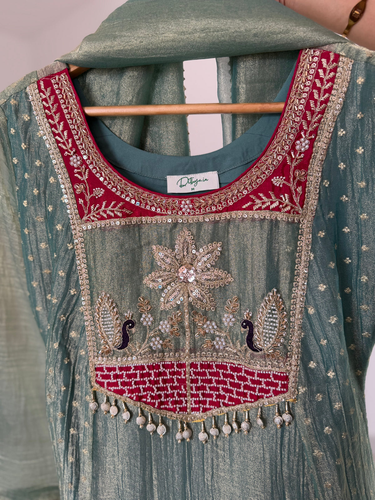 K542 - Tissue silk handwork Anarkali with pants and dupatta in 2 colours