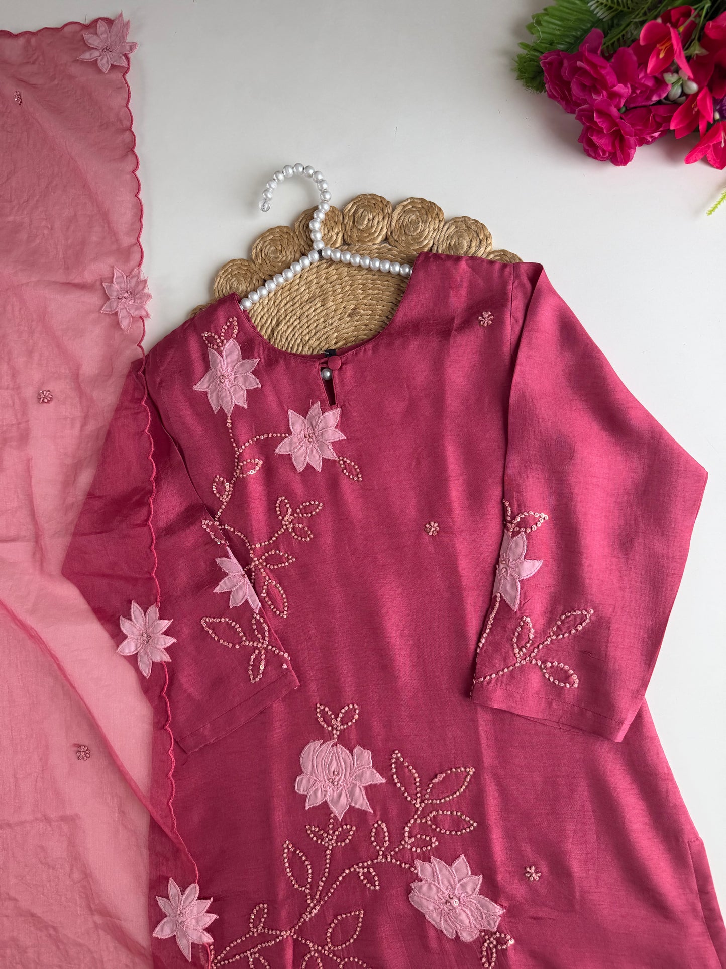 K119 - Russian silk appliqué handwork straight Kurti with pants and dupatta