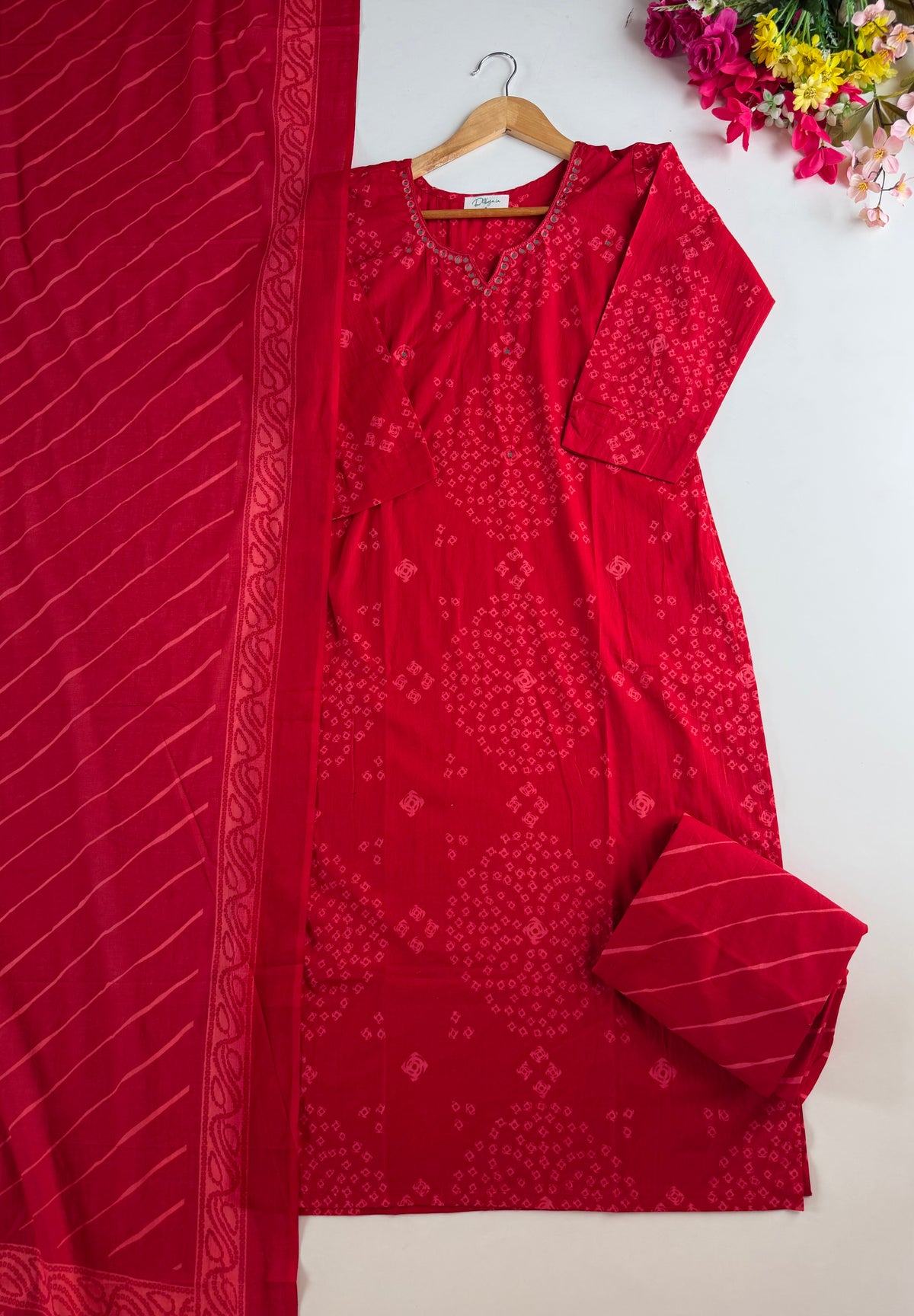 K106 - Mul cotton bandhini straight Kurti with pants and dupatta