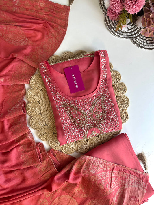K456 - Roman silk handwork straight Kurti with pants and dupatta