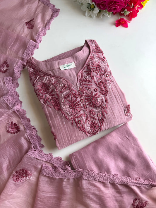 K614 - Mul chanderi embroidered Aline Kurti with pants and dupatta