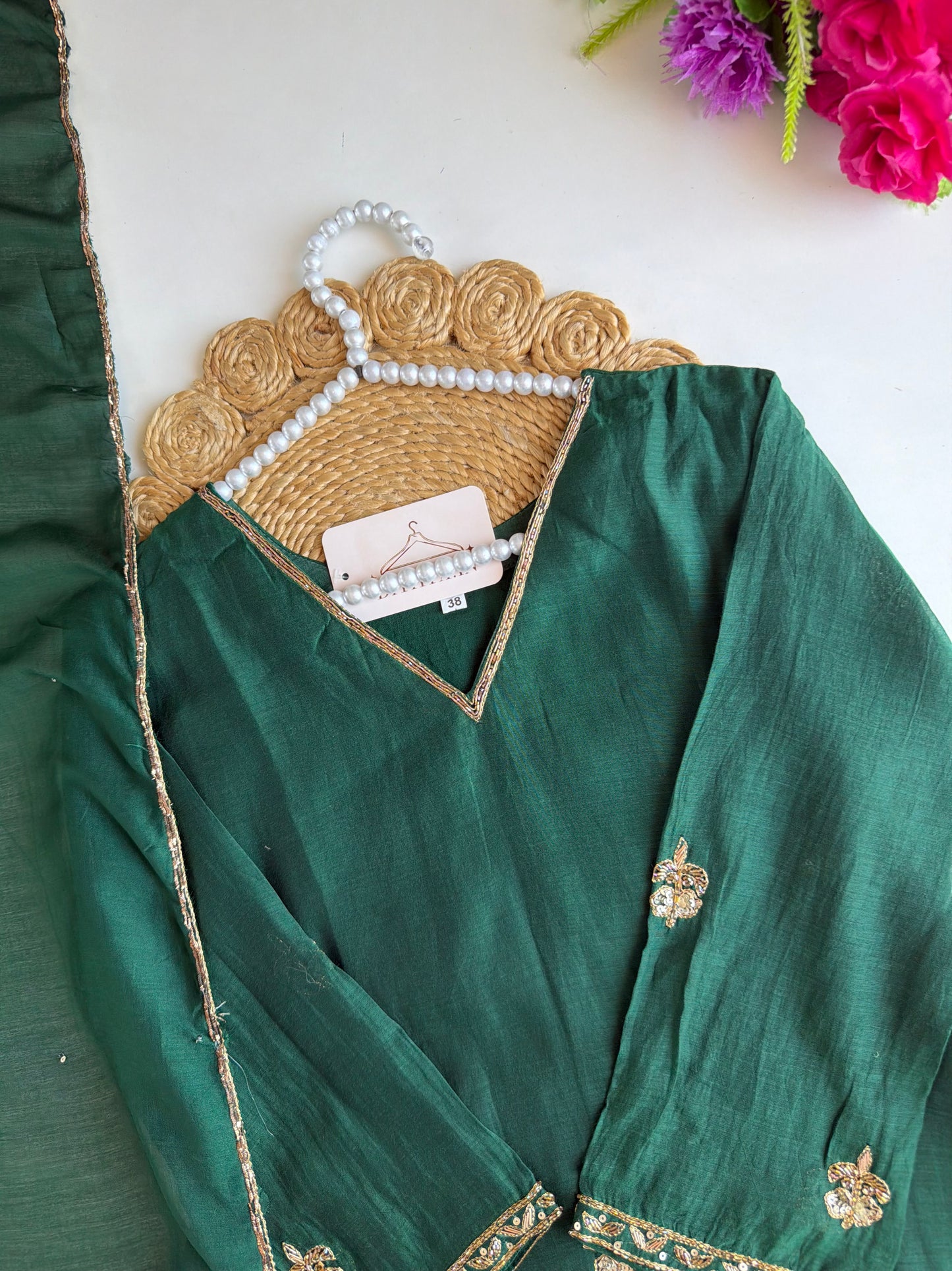 K260 - Mul chanderi handwork Aline Kurti with pants and dupatta