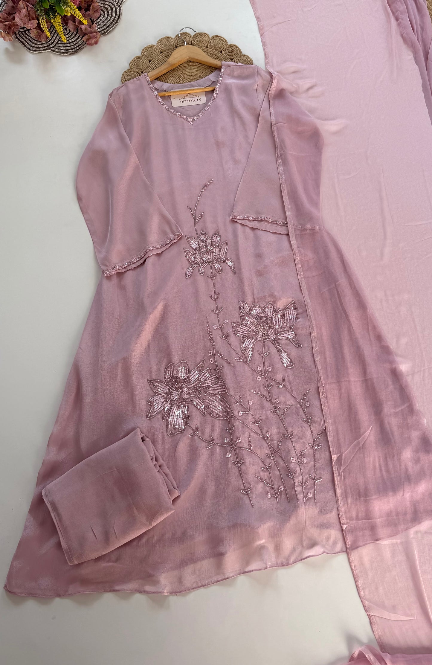 K308 - Chinnon handwork Aline Kurti with pants and dupatta
