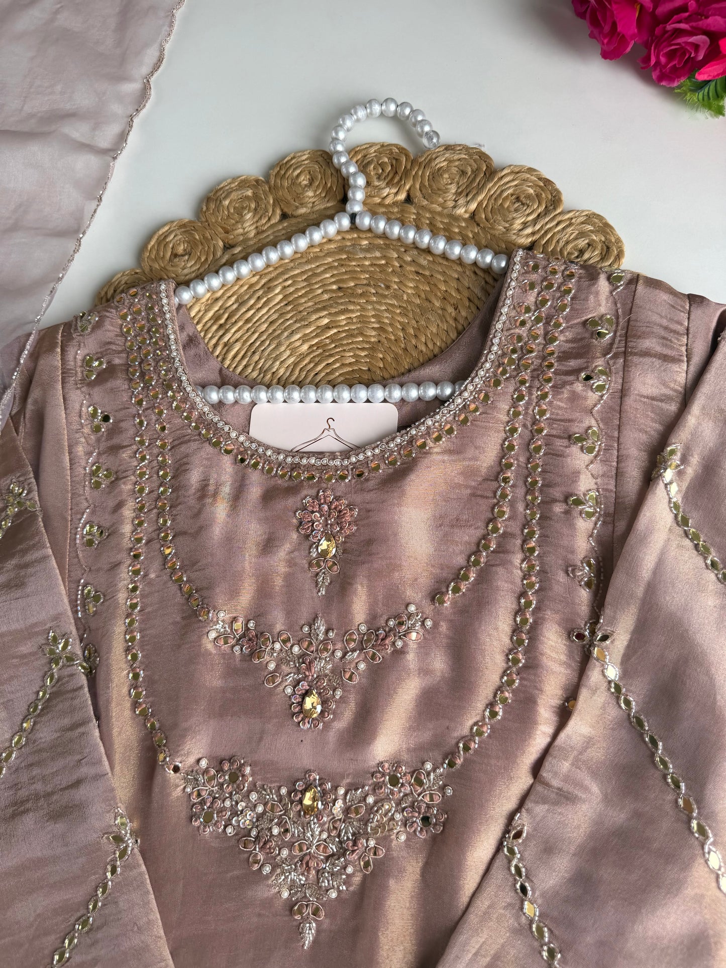 K722 - Tissue silk jewel work Anarkali with pants and dupatta