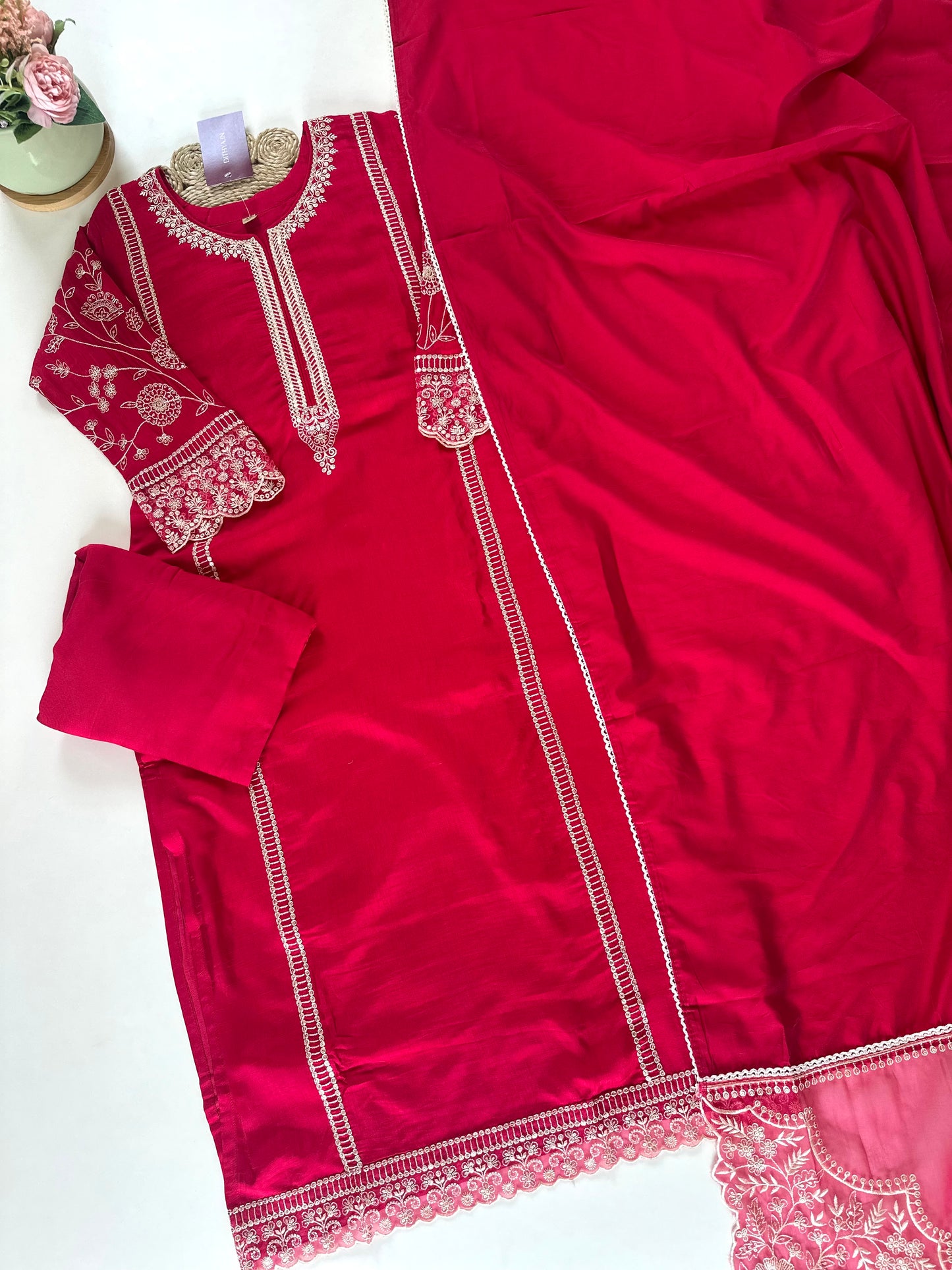 K217 - Dola silk Embroidered straight kurti with pants and dupatta .