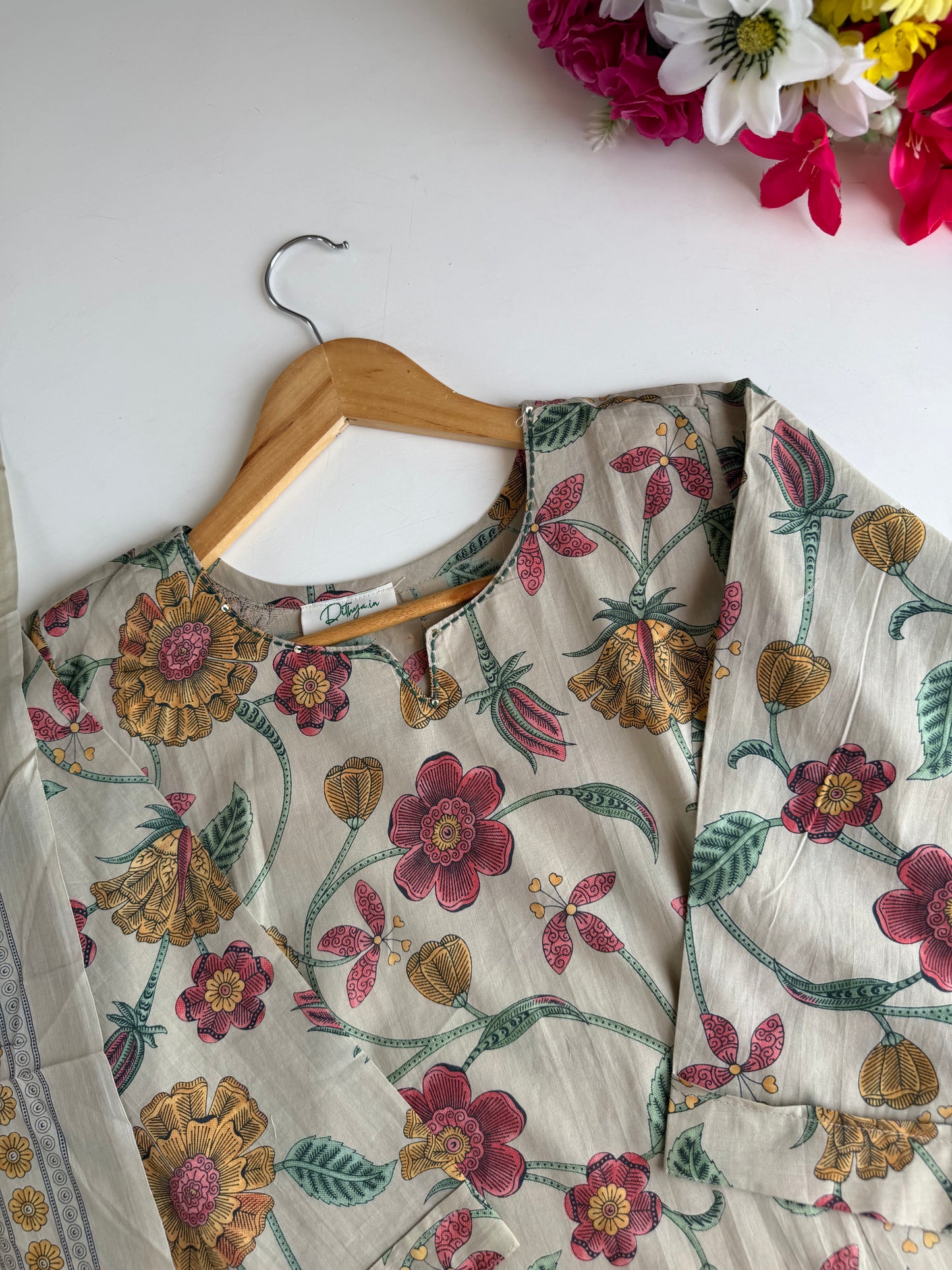 K139 - Mul cotton floral printed Aline Kurti with pants and dupatta