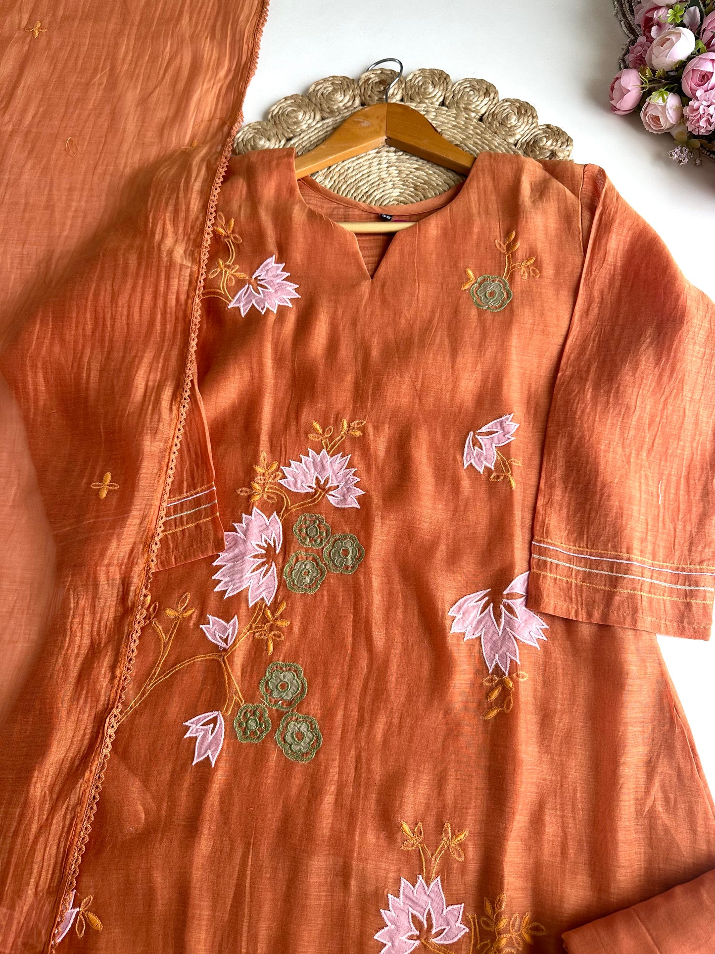 K425 - Mul Chanderi appliqué work Aline Kurti with pants and dupatta