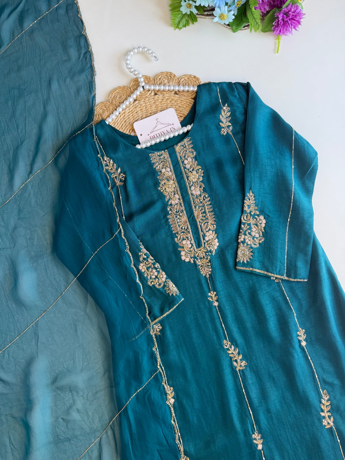 K577 - Russian silk handwork straight Kurti with pants and dupatta
