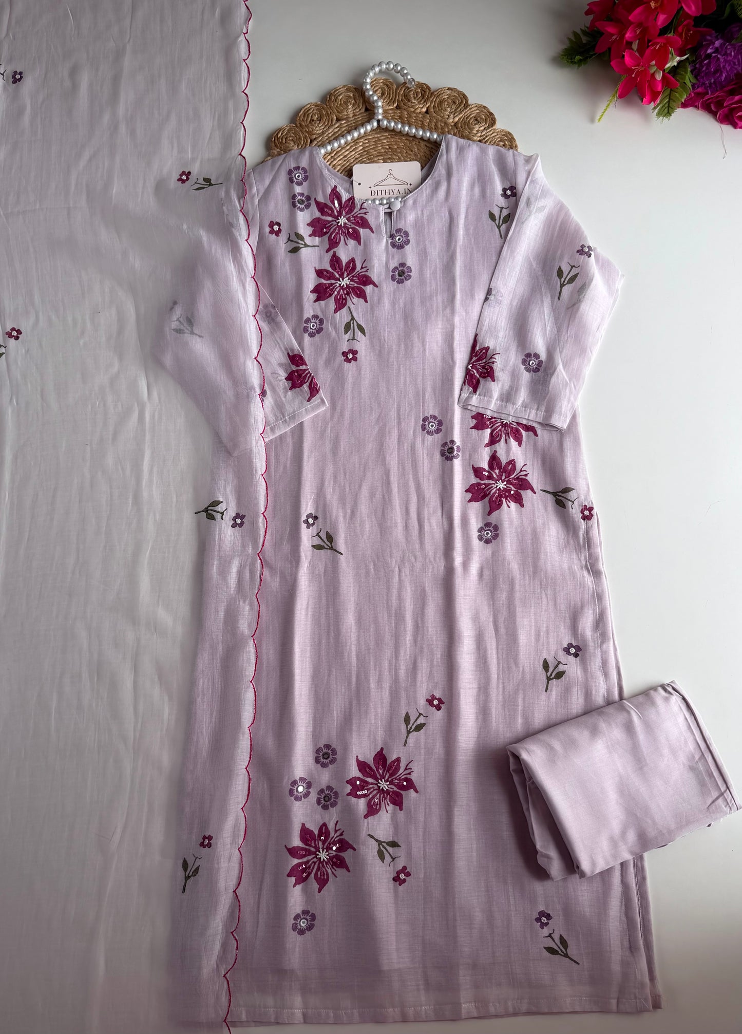 K012 - Mul Chanderi handwork straight Kurti with pants and dupatta