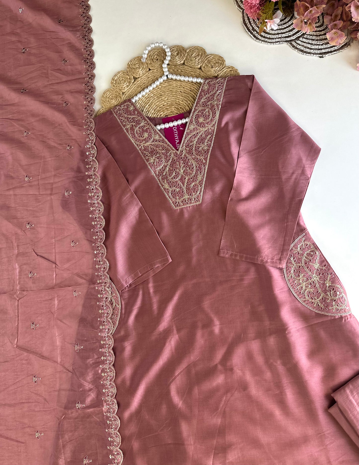 K457 - Roman silk zari work Aline Kurti with pants and dupatta in 2 colours