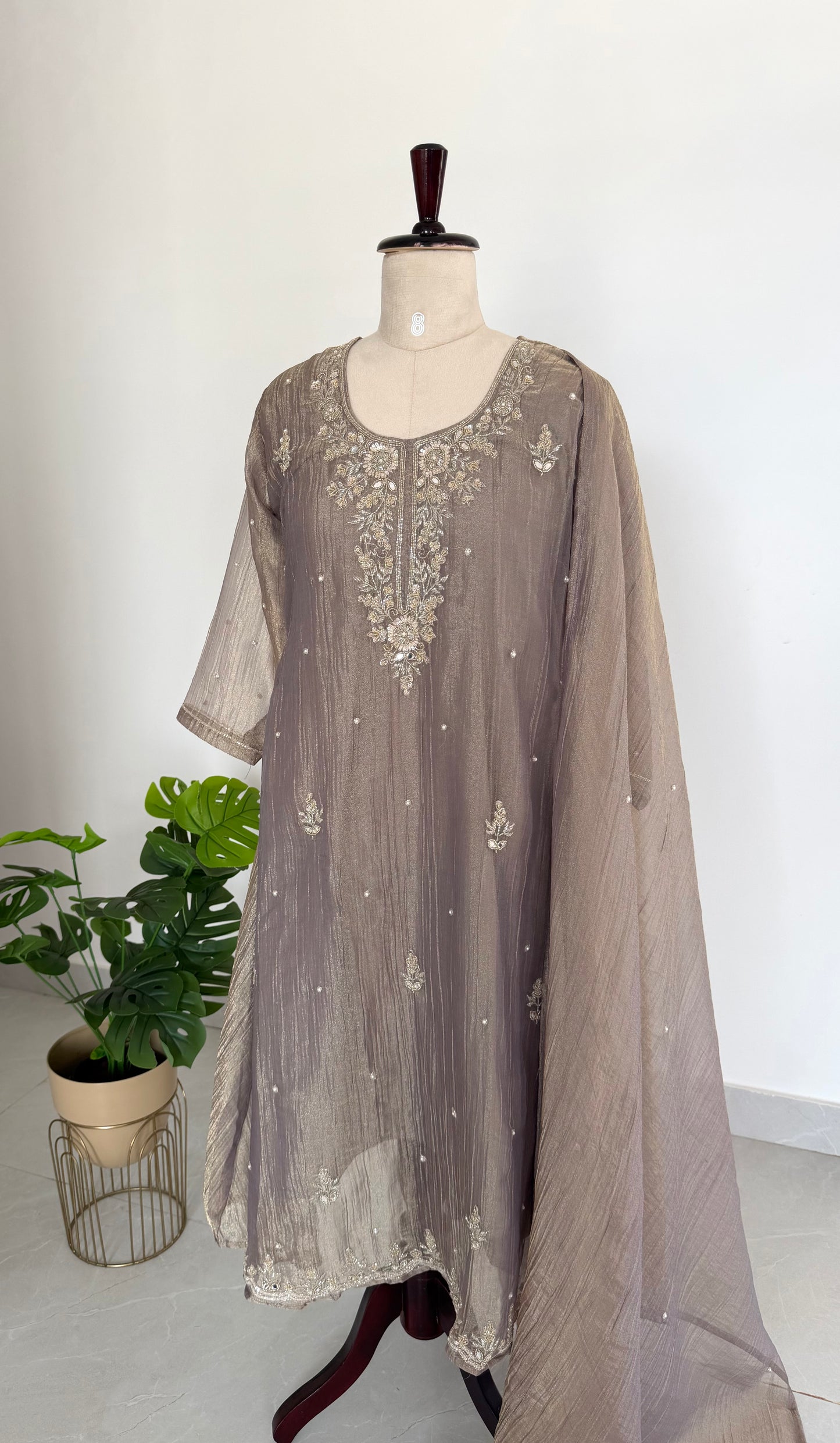 K712 - Glass crush tissue handwork Anarkali with pants and dupatta in 2 colours