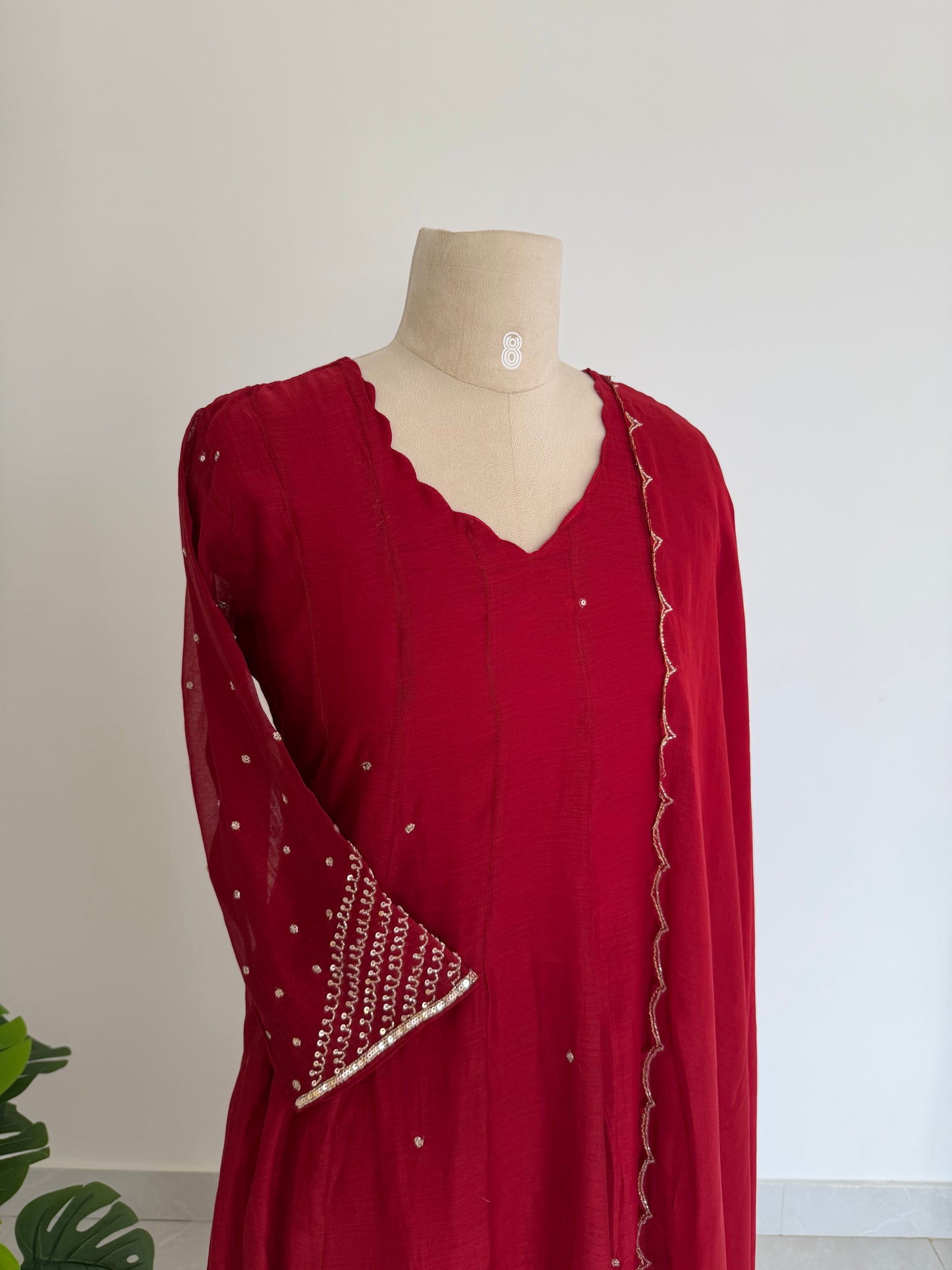K630 - Mul chanderi handwork aline Kurti with pants and dupatta
