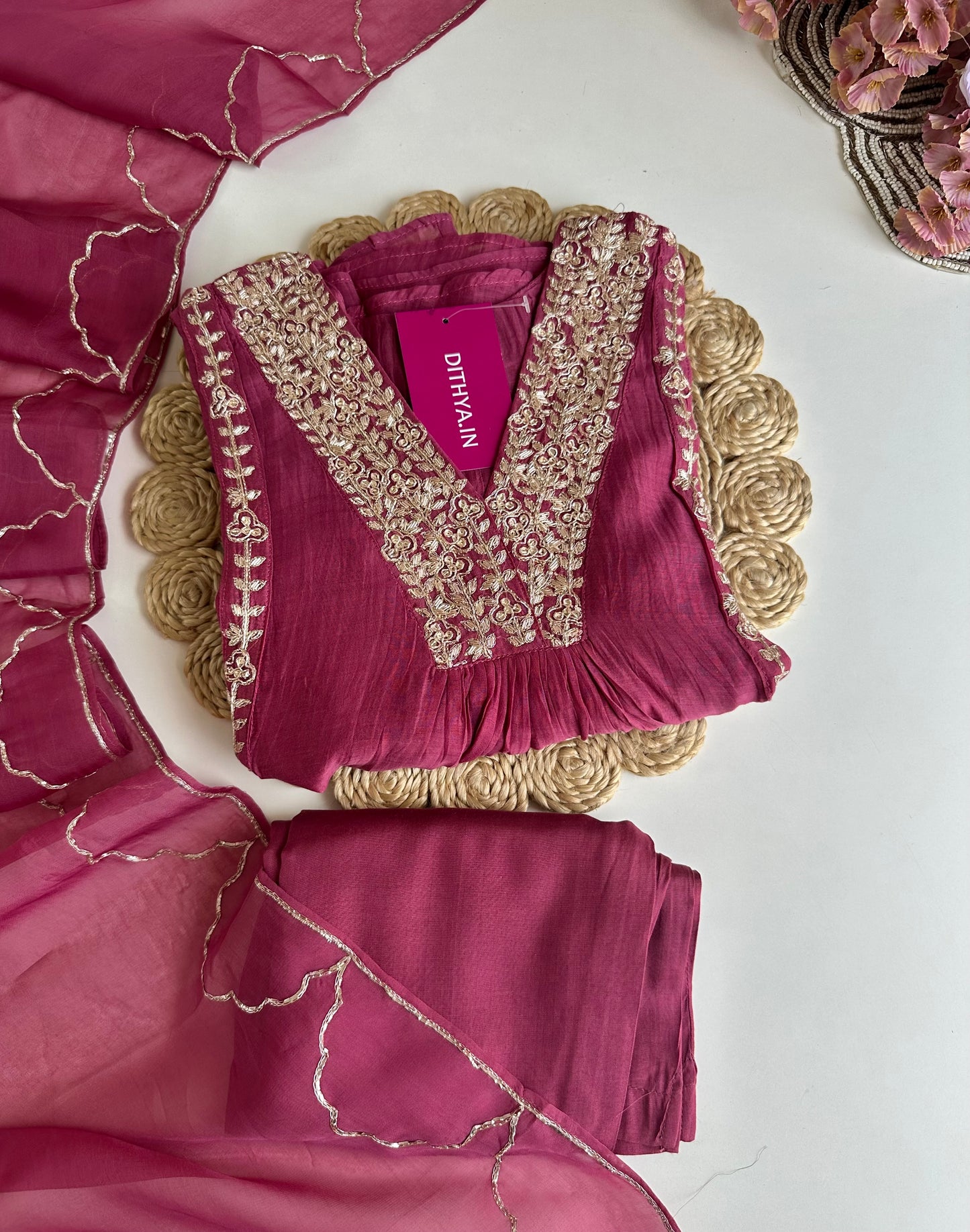 K165 - Mul Chanderi handwork Aline Kurti with pants and dupatta